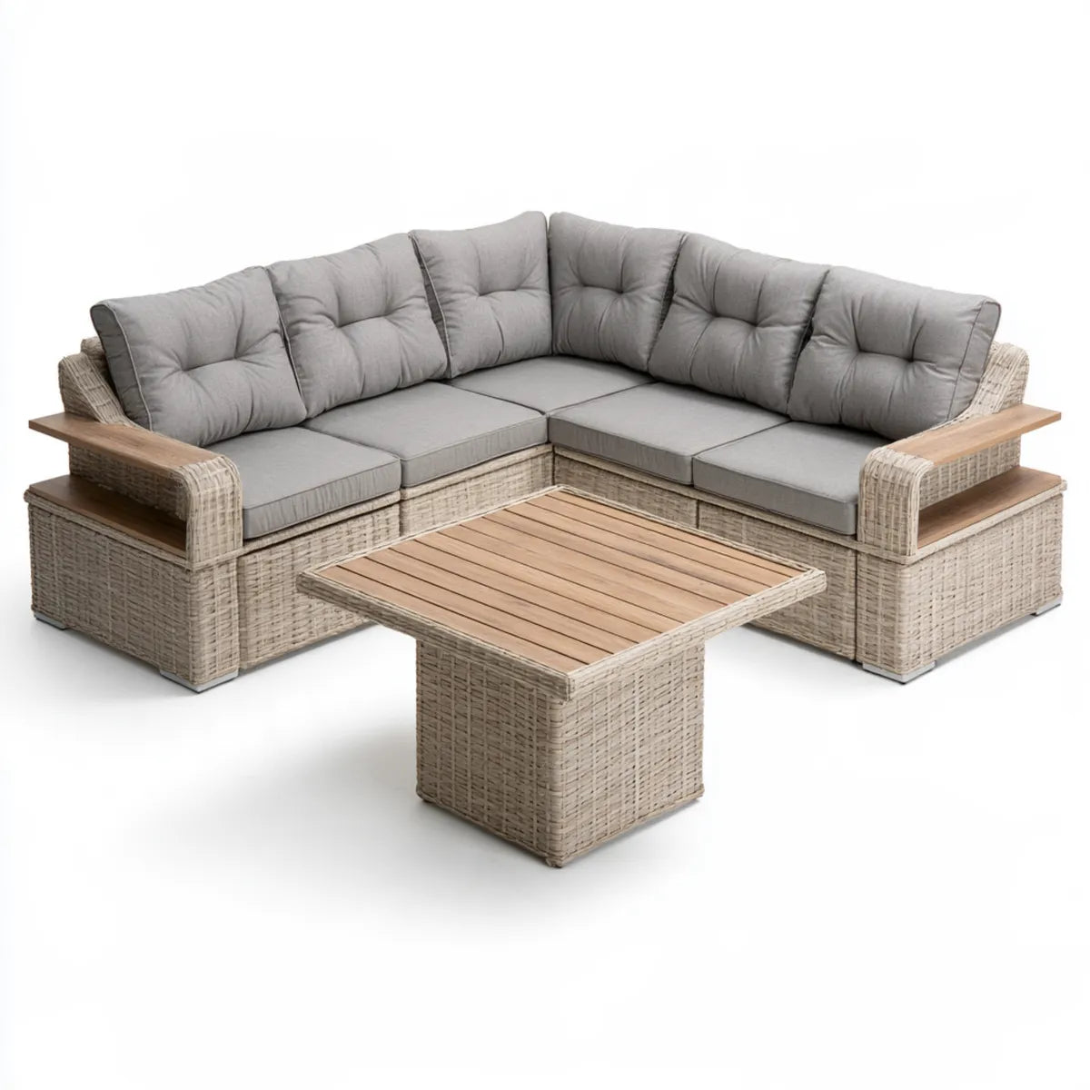 Outdoor Patio 3-Piece L-Shaped PE Rattan Sectional Sofa Set with Wood Coffee Table, Gray, 77 x 77 x 28 in