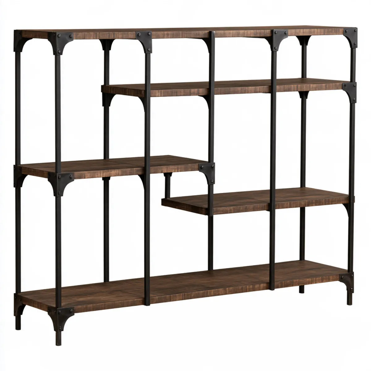 6-Shelf Bookcase, 47.2 x 13.8 x 54.3 in, Brown and Black Engineered Wood and Steel Open Storage Shelving Unit