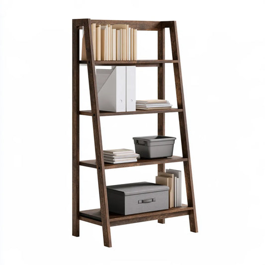 4-Tier Ladder Bookshelf, 24 W x 16 D x 71 H in, Dark Brown Solid Wood A-Frame Bookcase