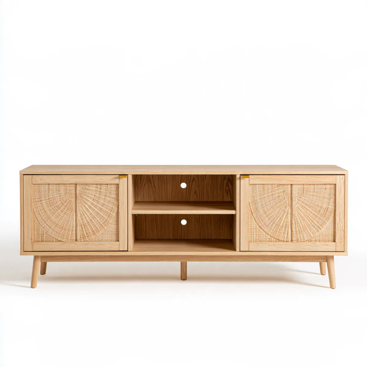 70.9 in Natural Oak Solid Rubberwood TV Stand Media Console with Rattan Doors