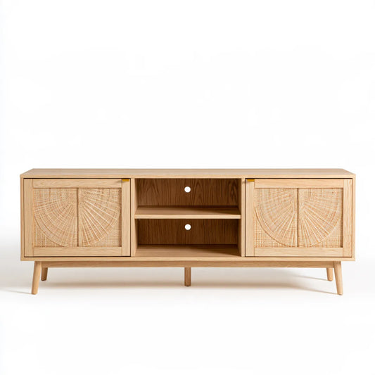 70.9 in Natural Oak Solid Rubberwood TV Stand Media Console with Rattan Doors