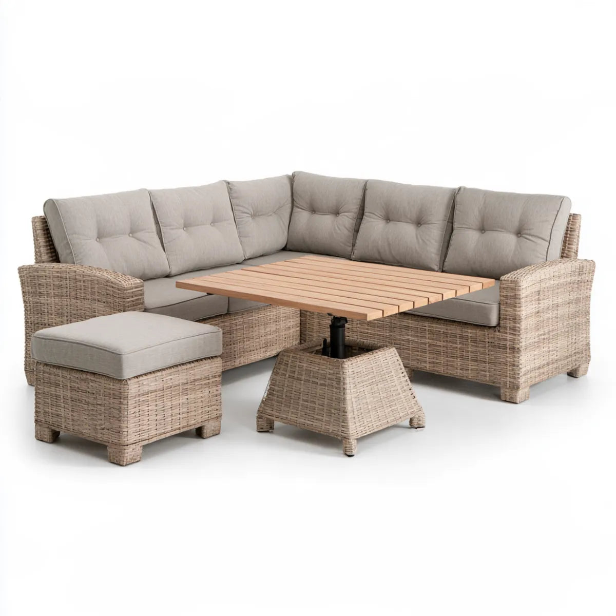 5-Piece Outdoor Patio Sectional Sofa Set, Taupe PE Rattan L-Shaped 88 in x 88 in with Light Taupe Cushions and Acacia Wood Lift-Top Table