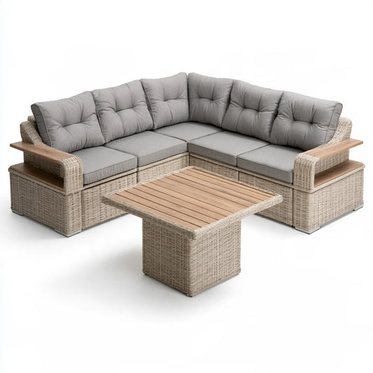 Outdoor Patio 3-Piece L-Shaped PE Rattan Sectional Sofa Set with Wood Coffee Table, Gray, 77 x 77 x 28 in