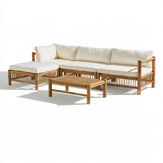 Bamboo Outdoor L-Shaped Sectional Sofa Set with Coffee Table and Cream Polyester Cushions, 102.4 x 59.1 x 27.6 in
