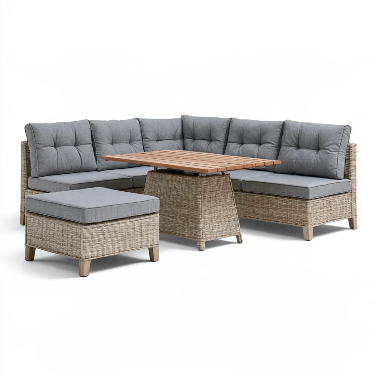 4-Piece Outdoor Patio Sectional Sofa Set with Gray Rattan Seating, Ottoman and Acacia Wood Table, 220 x 220 cm