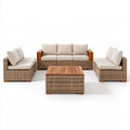 4-Piece Outdoor Patio Conversation Set, Brown PE Rattan and Acacia Wood, 3-Seat Sofa, 2 Armchairs and Coffee Table, 78.7 x 31.5 x 28.7 in