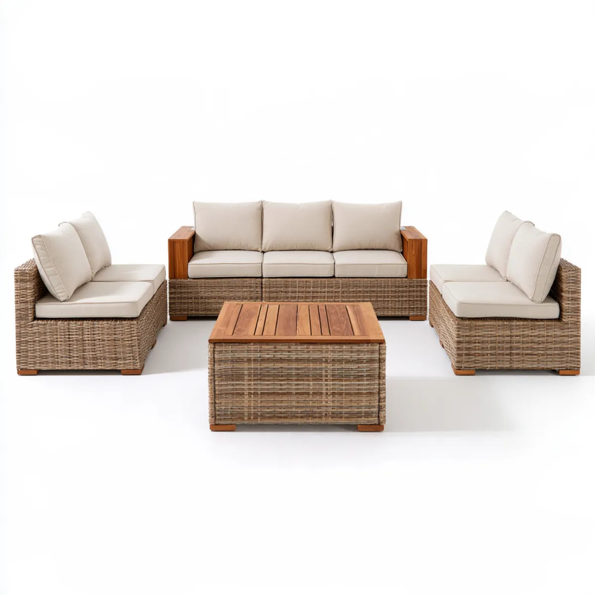 4-Piece Outdoor Patio Conversation Set, Brown PE Rattan and Acacia Wood, 3-Seat Sofa, 2 Armchairs and Coffee Table, 78.7 x 31.5 x 28.7 in