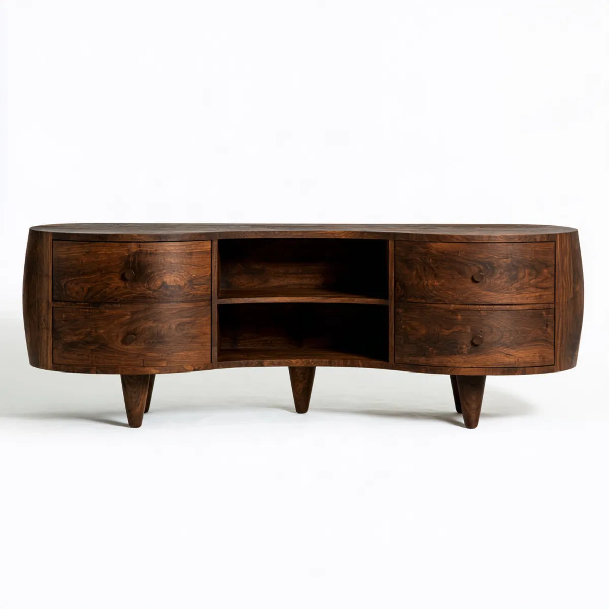 63 x 16 x 24 in Dark Brown Solid Mango Wood Curved TV Stand Media Console with 4 Drawers