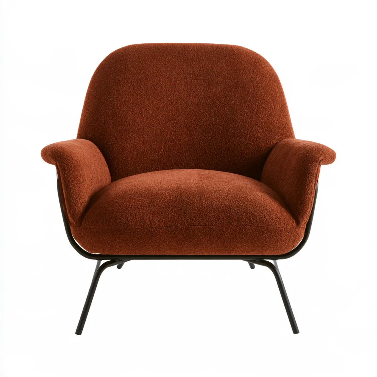 Rounded Boucle Accent Armchair, 31.5 x 30 x 33 in, Rust Polyester Upholstery with Black Steel Frame