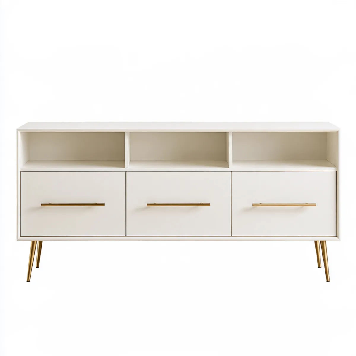 63 x 16 x 29 in White MDF TV Stand Media Console with 3 Drawers, Open Shelves and Gold Metal Legs