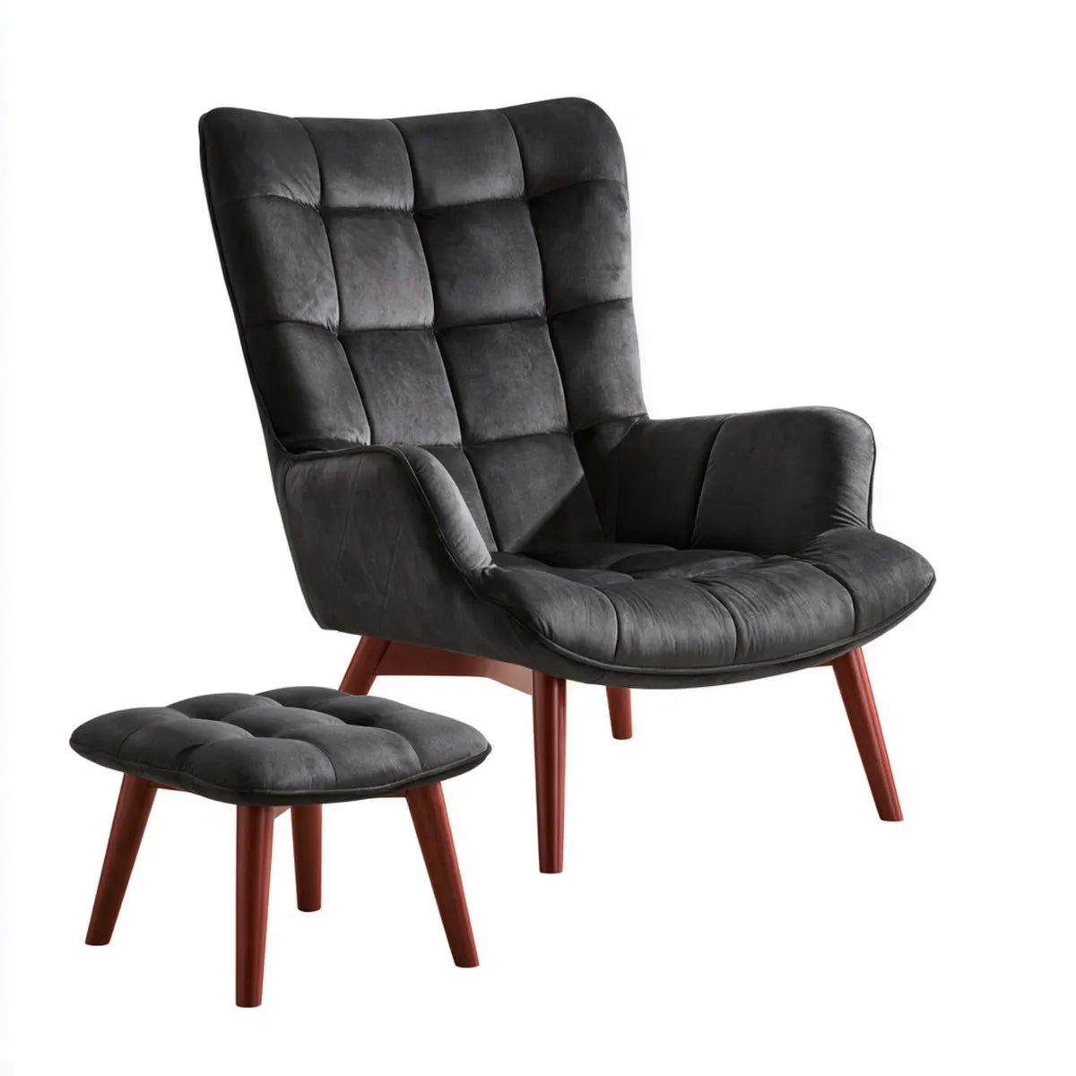 Black Polyester Velvet Wingback Armchair and Ottoman Set with Solid Rubberwood Legs, 30 x 35 x 40 in