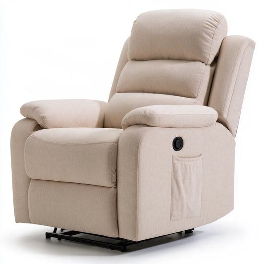 Beige Polyester Power Recliner Armchair with Side Pocket, 39 x 38 x 41 in