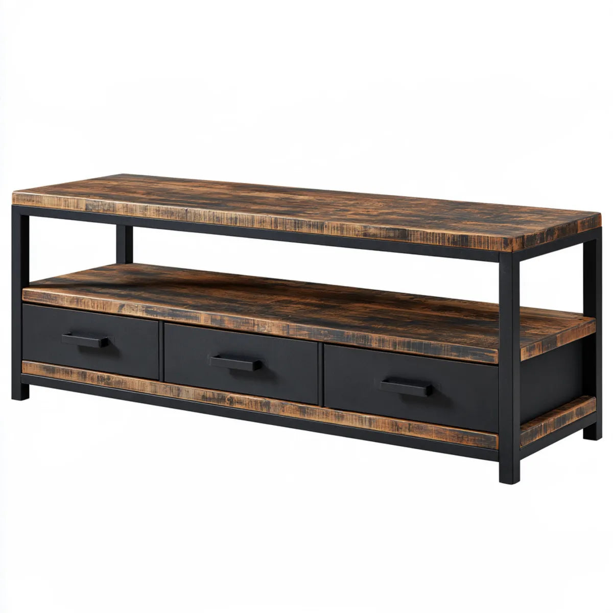 55.1 x 15.7 x 20.1 in Rustic Brown and Black Wood and Steel TV Stand Entertainment Center with 3 Drawers