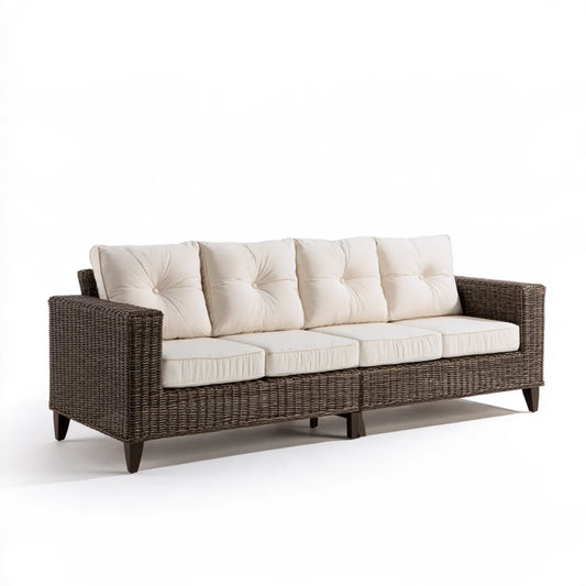 4-Seat Outdoor Wicker Sofa, 105 x 35 x 34 in, Brown PE Rattan with Ivory Polyester Cushions