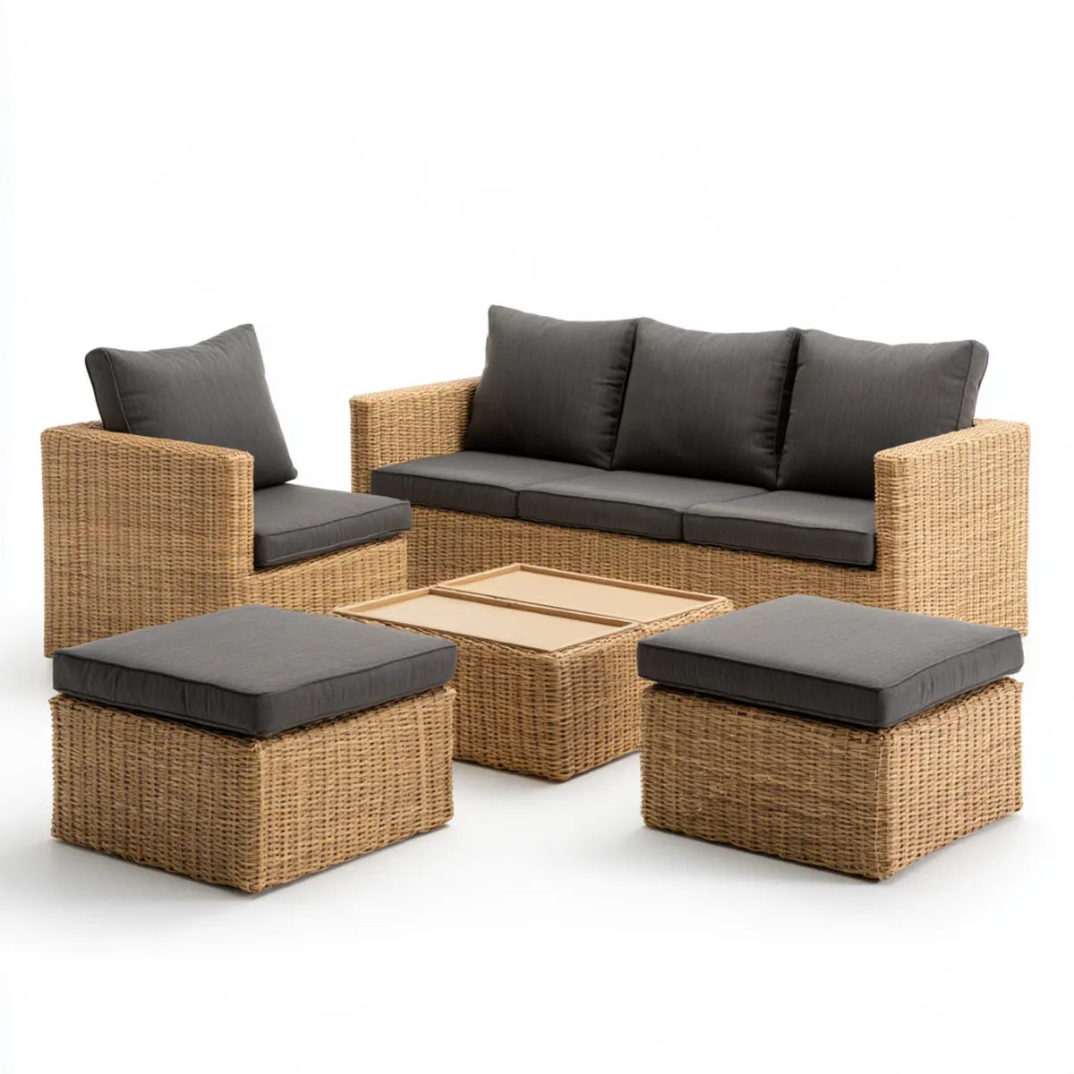 5-Piece Outdoor PE Rattan Patio Conversation Set with Loveseat, Armchair, Coffee Table and 2 Ottomans, Natural Brown/Dark Gray, Loveseat 57.1 x 29.5 x 33.1 in