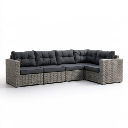 Outdoor 5-Seat Gray PE Rattan L-Shaped Sectional Sofa Set with Black Cushions, 280 x 210 x 60 cm